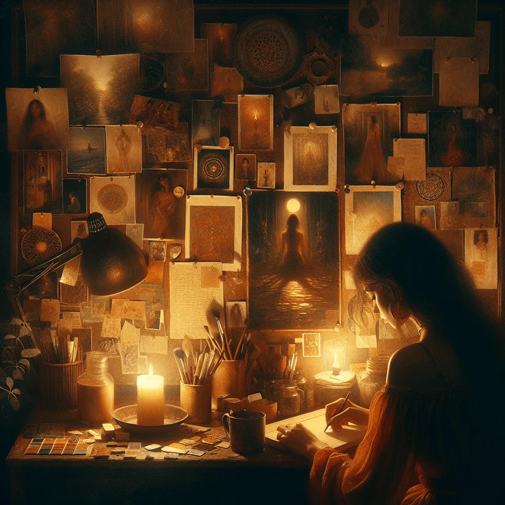 Woman arranging images and quotes on a self love vision board on her desk with candles and cozy atmosphere nearby