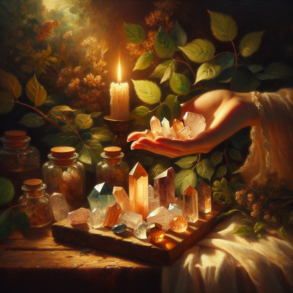 Various crystals for inner peace placed on an open palm in a peaceful outdoor setting