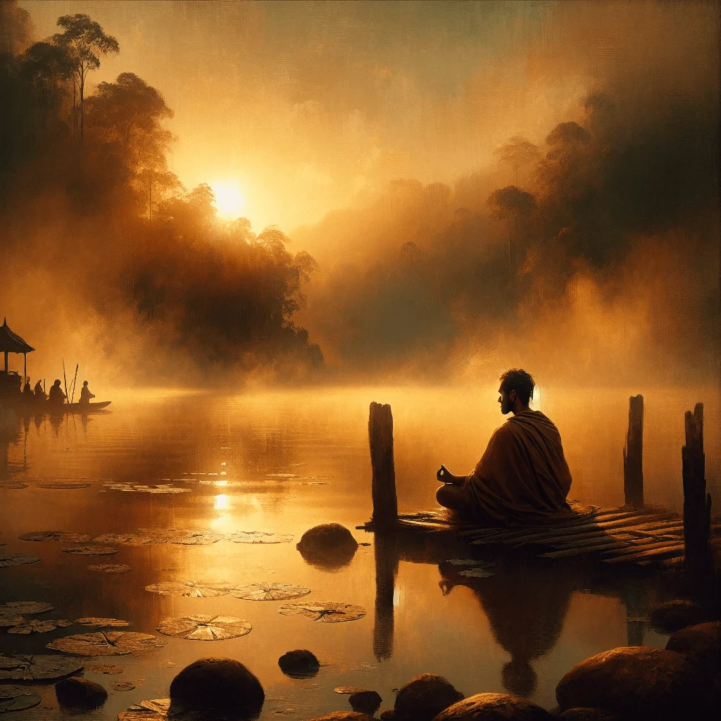 Man meditating near a calm lake at sunrise, contemplating what causes spiritual awakening