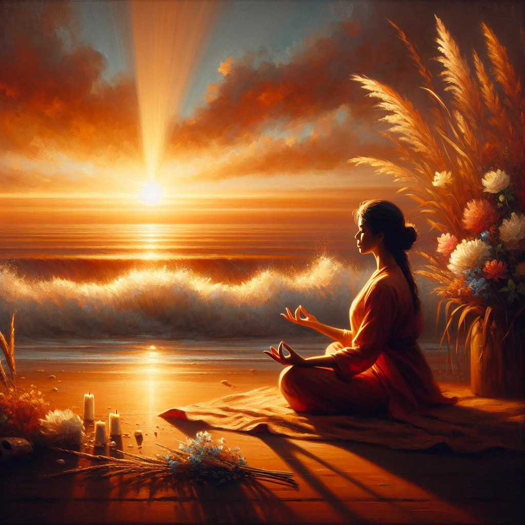 Person relaxing in meditation at sunset on the beach with waves in the background