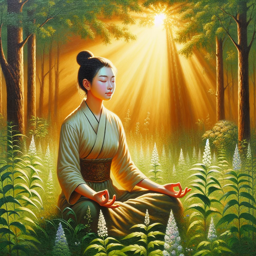 A peaceful woman sitting cross-legged during guided meditation in nature among green trees