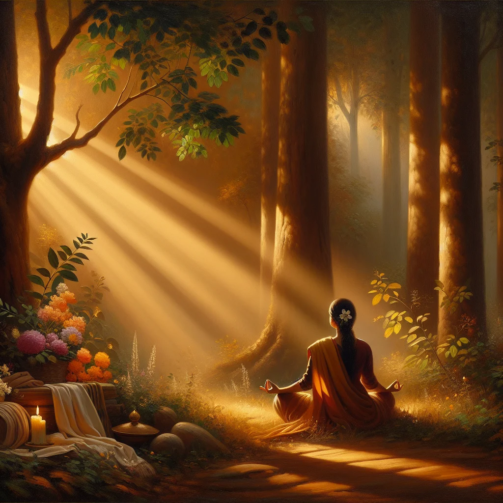 Woman practicing guided meditation for self discovery on a forest path