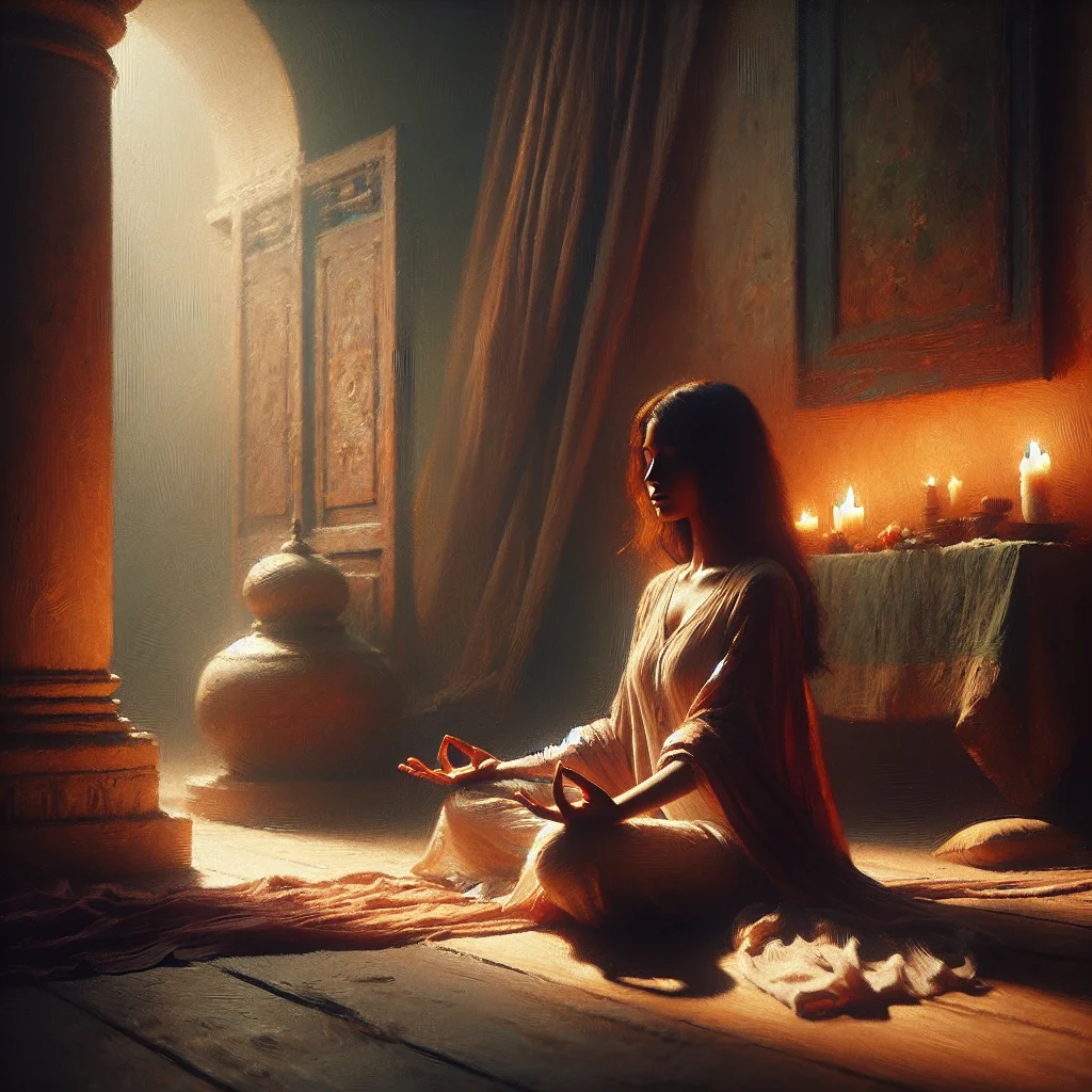 A spiritual woman meditating quietly with open palms in a candle-lit room, discovering her spiritual gifts