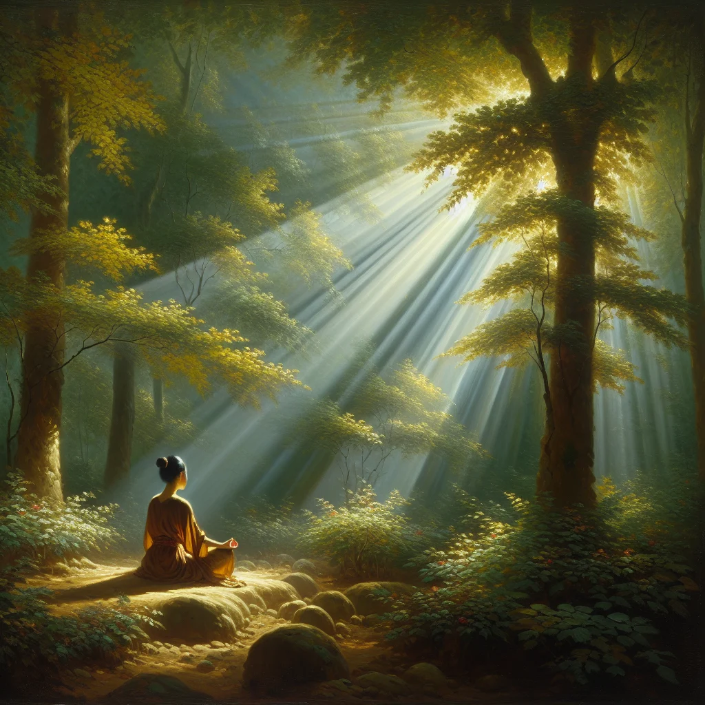 Young woman meditating peacefully in a forest, symbolizing how to become spiritually awakened