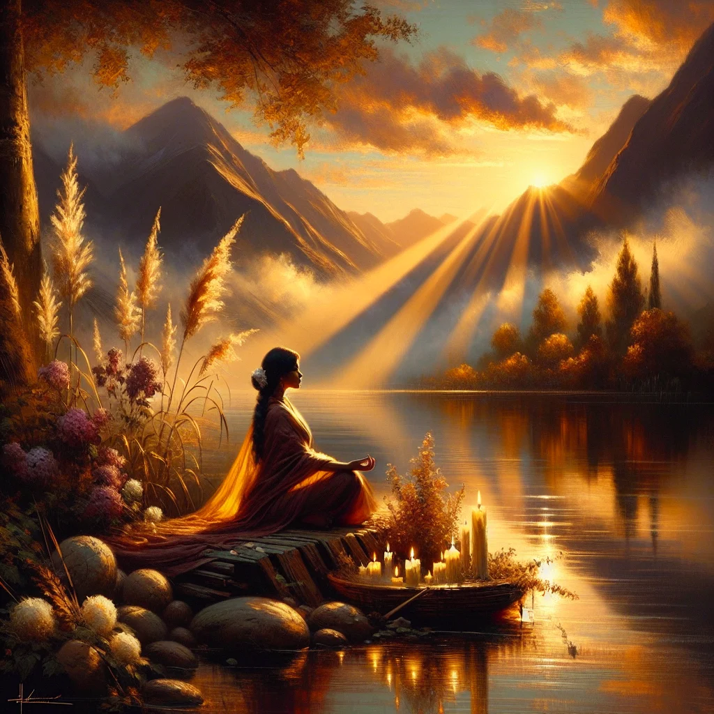 inner-peace-vs-happiness-lake-mountain Woman sitting peacefully by a lake with mountains in the background, representing inner peace vs happiness