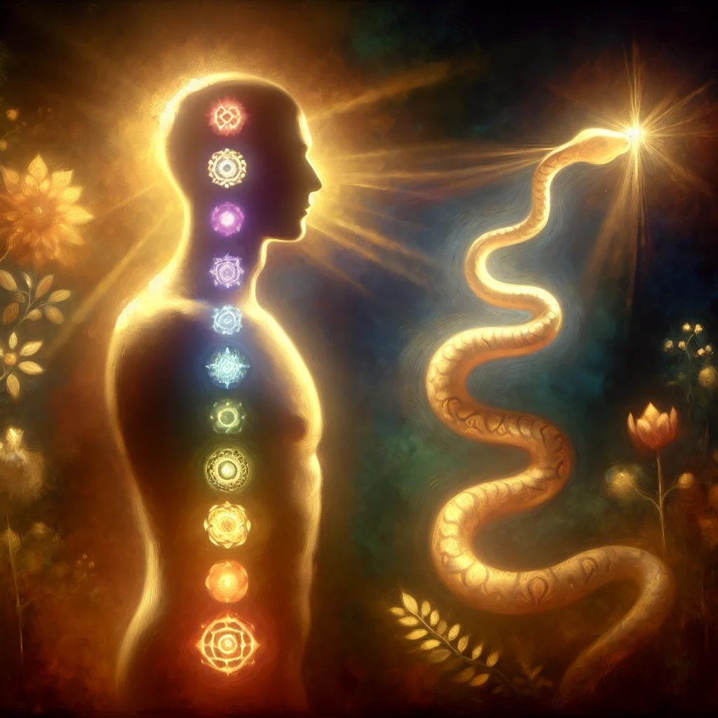 Visual representation of kundalini energy rising through chakras in human body