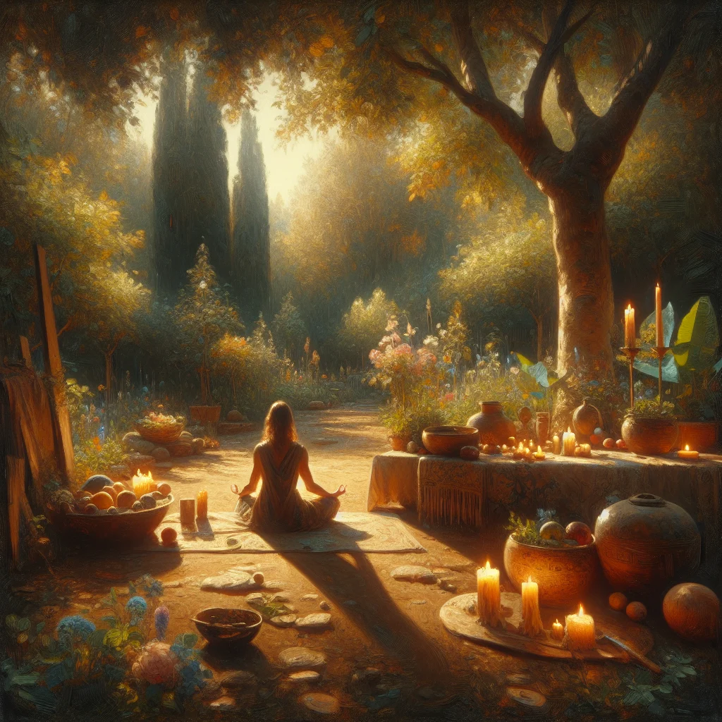 Woman meditating at a serene center for inner peace in nature