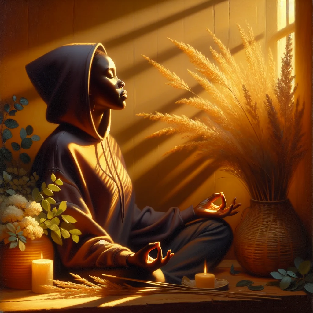 relaxed woman wearing more self love hoodie during her morning meditation