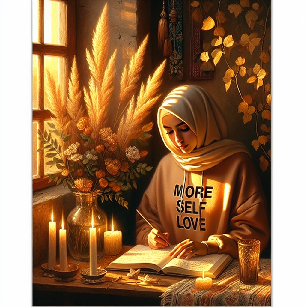a person wearing a more self love hoodie while journaling