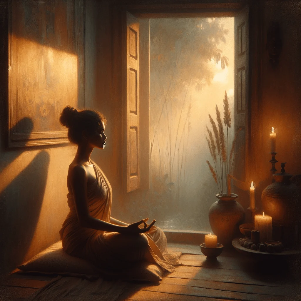 Woman practicing best meditation to do in the morning by a window with sunlight