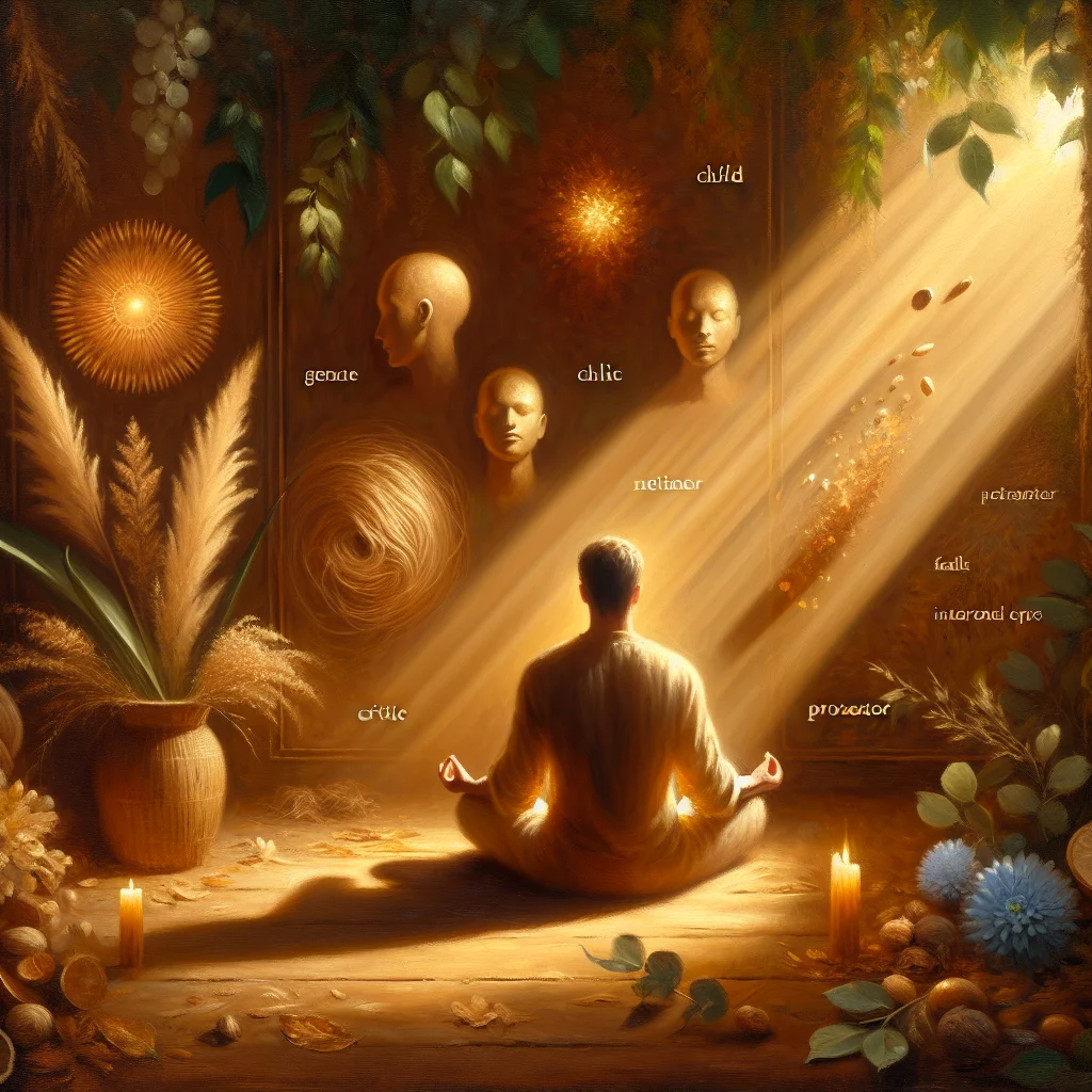 Illustration of different parts of the self in a mindful meditation setting