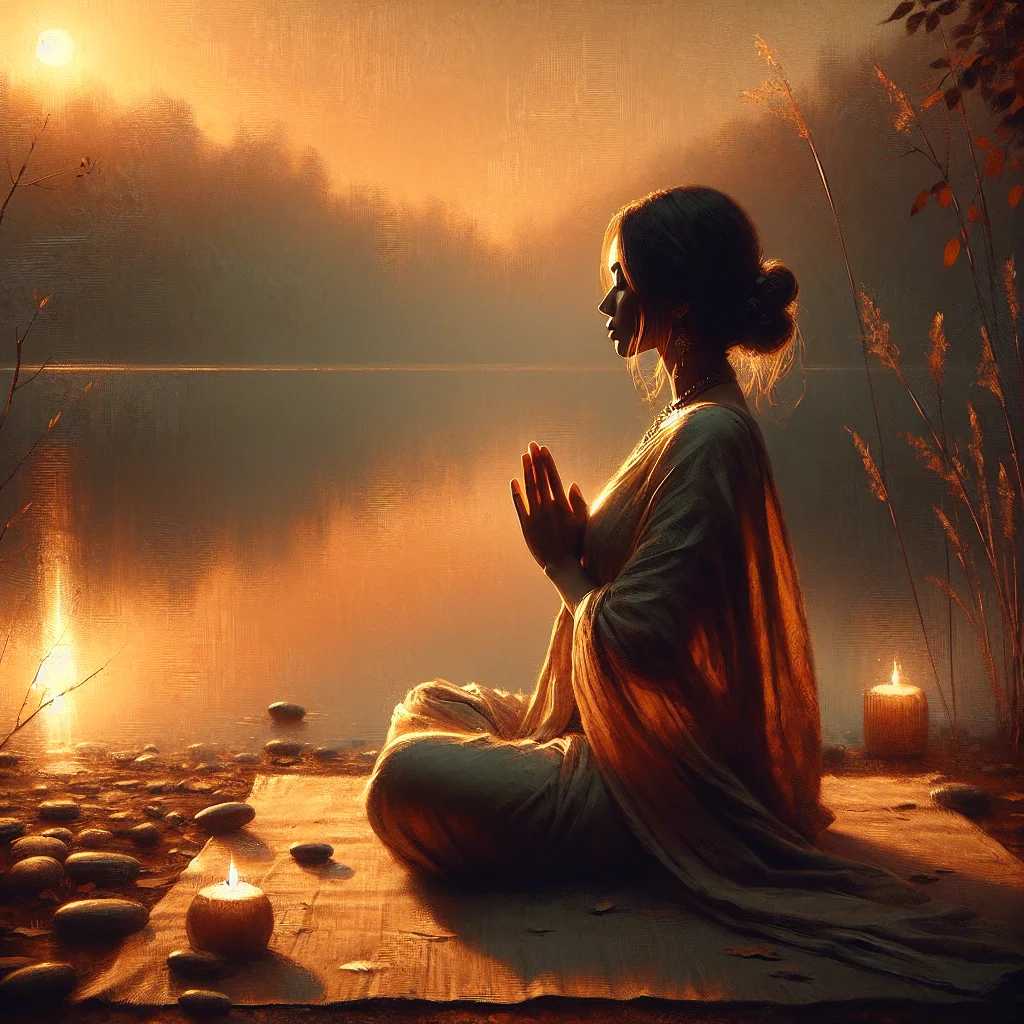 prayer-for-inner-peace-and-calm-sunset-prayer-by-water Person in silhouette praying for calm and inner peace during sunset by the water