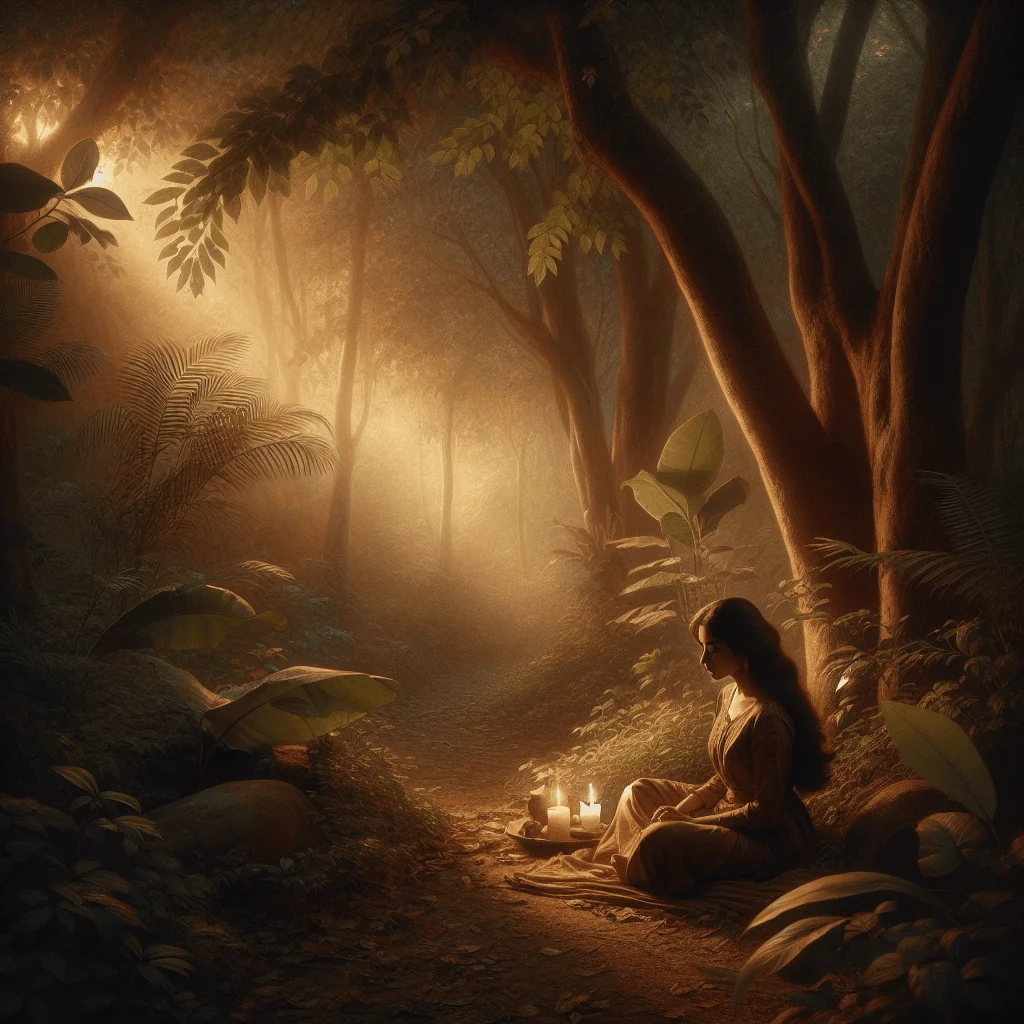 Woman in quiet moment praying for inner peace and calm in the forest