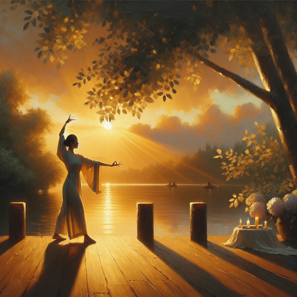 Person practicing qigong for inner peace near a peaceful lake at sunset