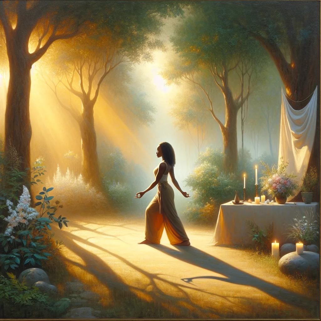 Woman practicing qigong for inner peace in a peaceful park surrounded by trees