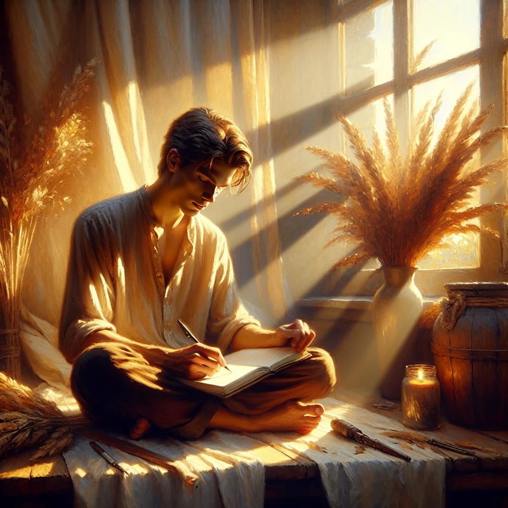 Young man sitting in quiet room reflecting and journaling with a how to discover yourself PDF
