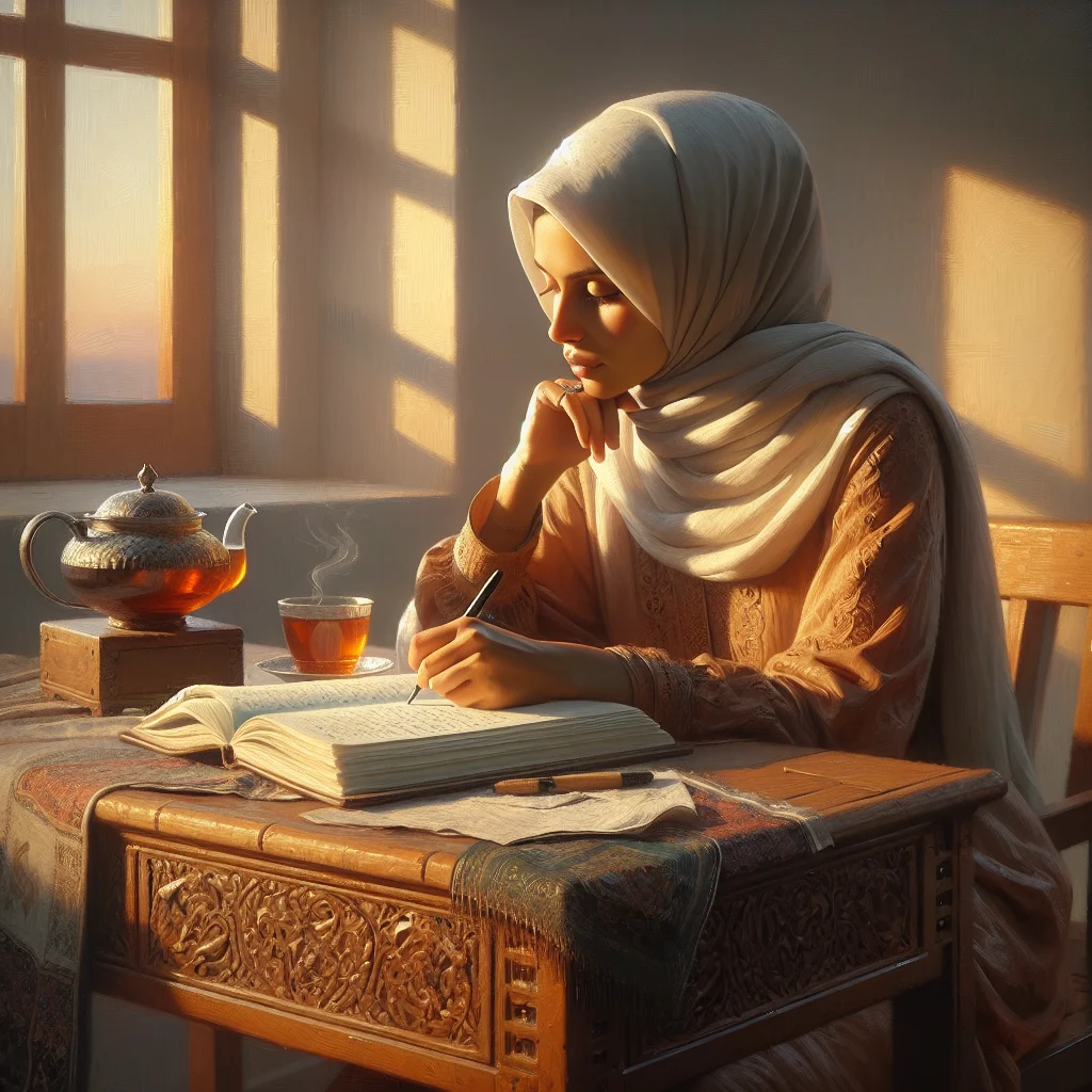 adult woman journaling as a self-esteem routine in morning sunlight