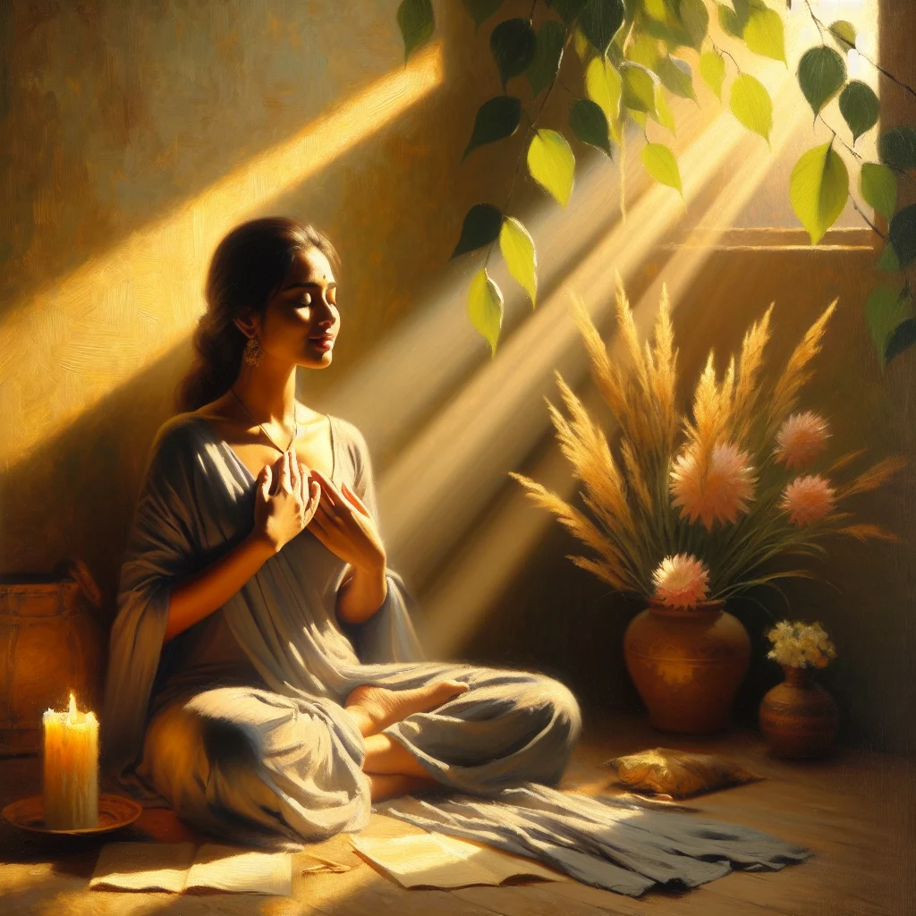 A serene woman sitting cross-legged in a sunlit room expressing self-giving love through meditation