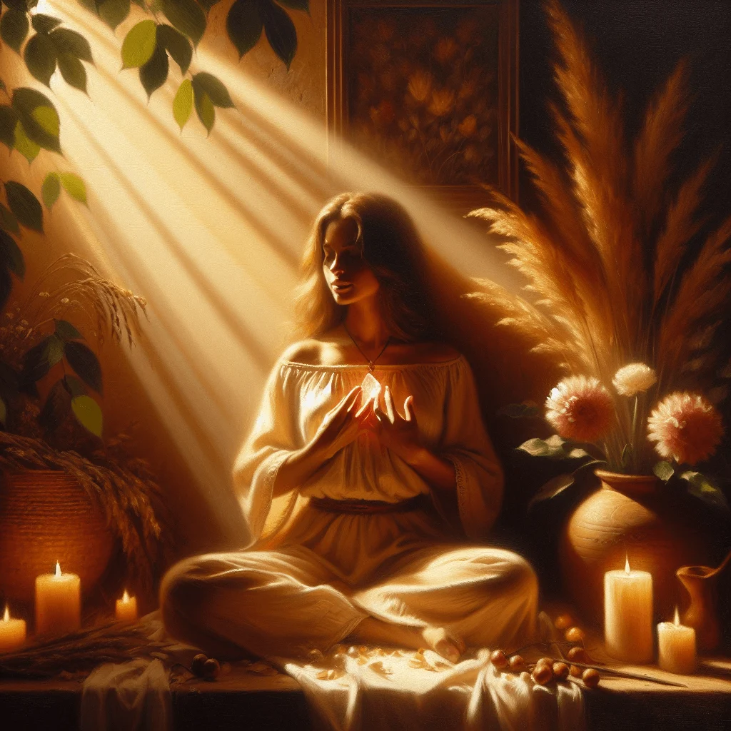 Woman meditating with a self love crystal in hands