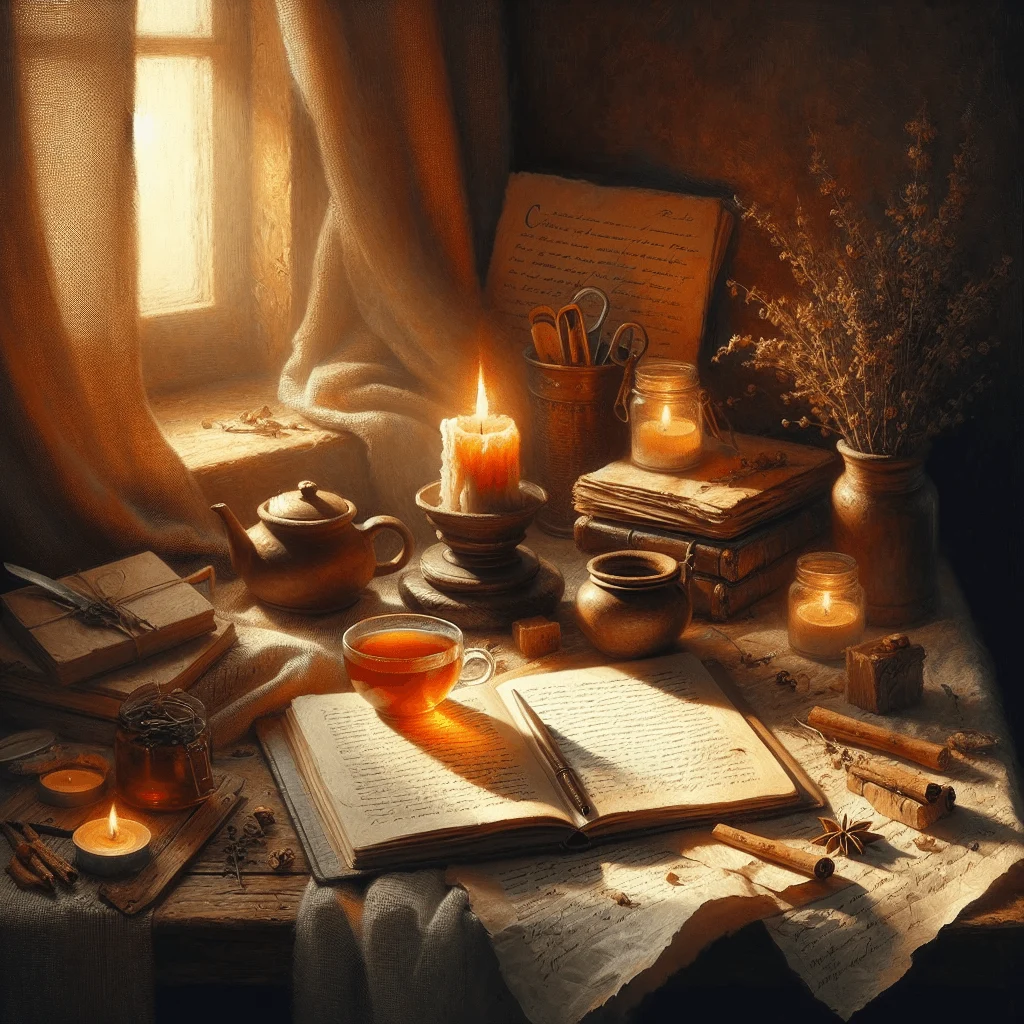 A cozy self care moment including candles, a journal, and herbal tea