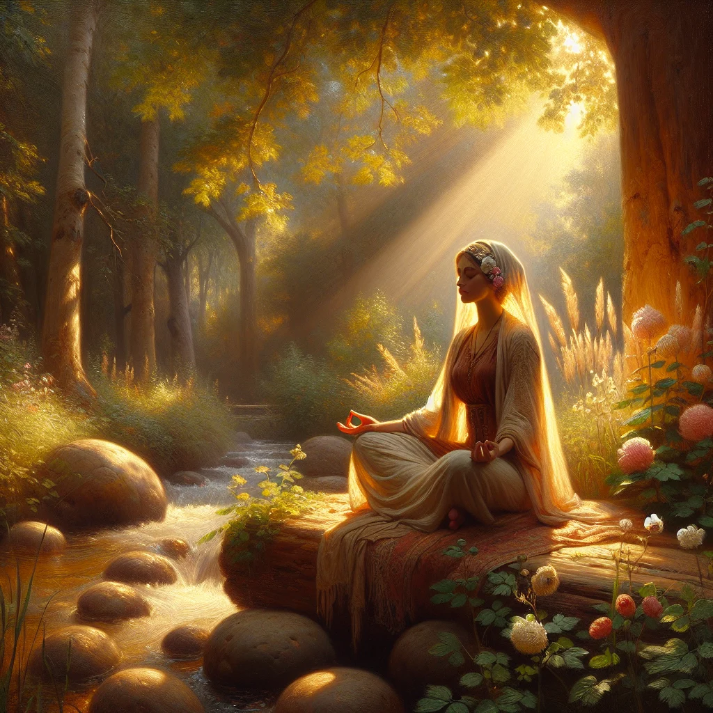 Woman practicing self love meditation and Kundalini yoga in a peaceful natural environment