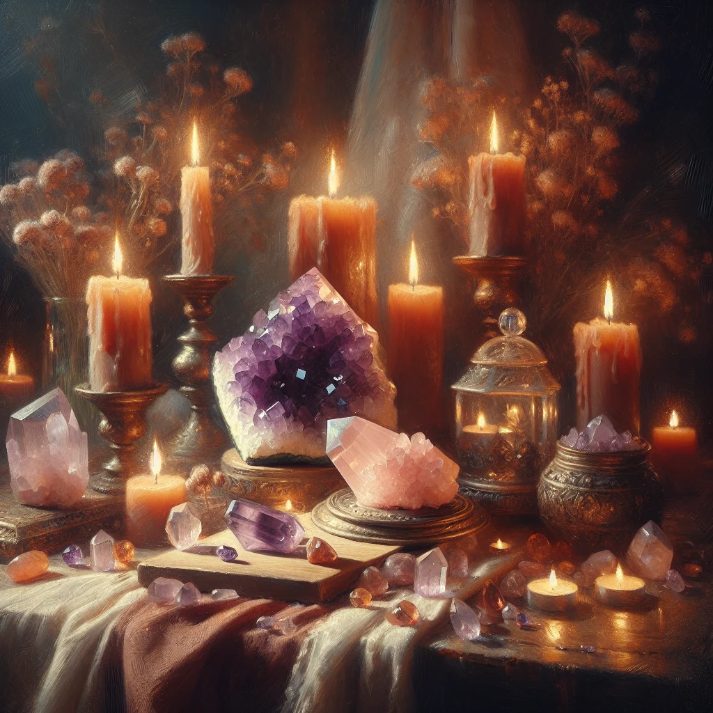 serenity-space-with-crystals Peaceful crystal arrangement on a spiritual altar table with a soft candlelight