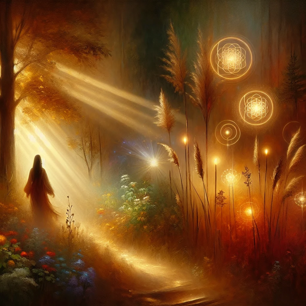 woman on spiritual journey walking on light pathway through forest symbolizing timeline