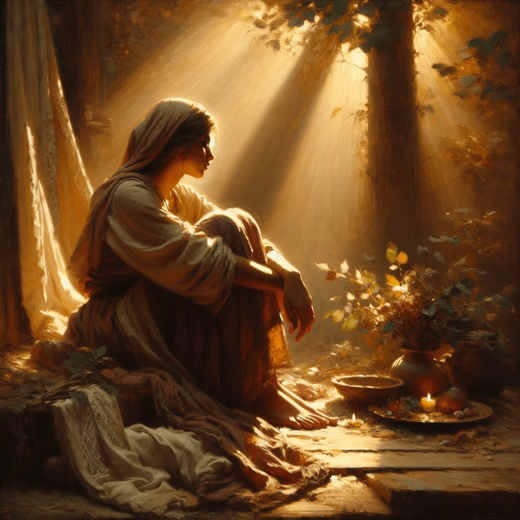 Person experiencing intense spiritual awakening sitting alone in nature, looking contemplative