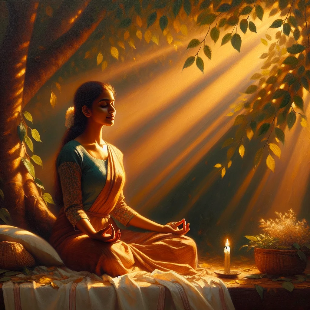 A woman experiencing spiritual awakening while meditating alone in the forest