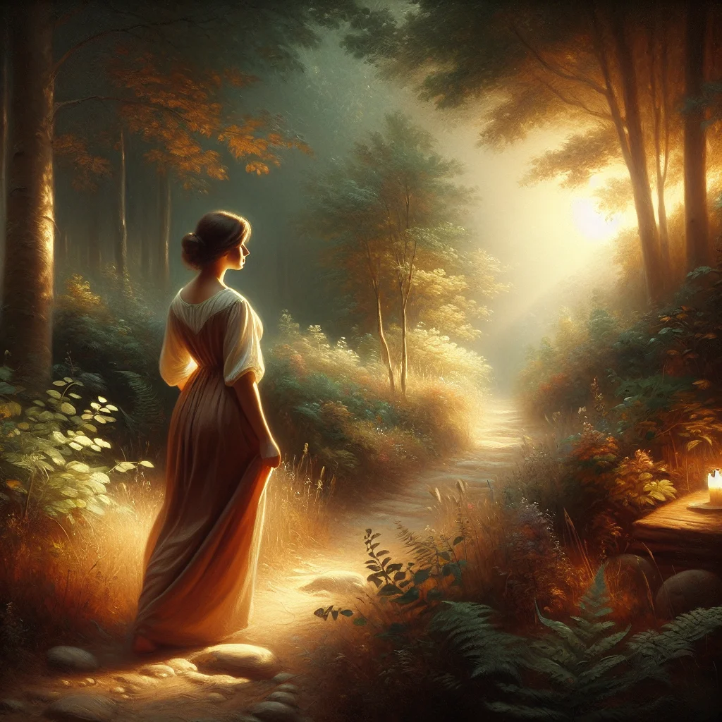 A woman experiencing spiritual awakening during a peaceful forest walk