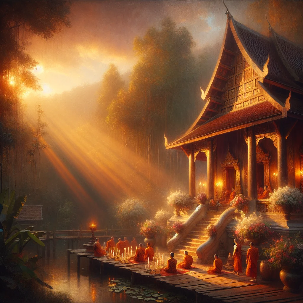 Peaceful temple in Chiang Mai surrounded by spiritual community and monks