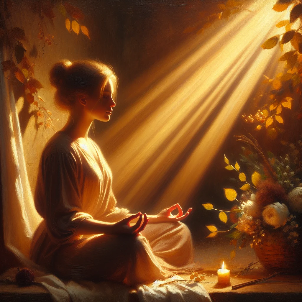 Meditating woman discovering her spiritual gifts in a serene forest