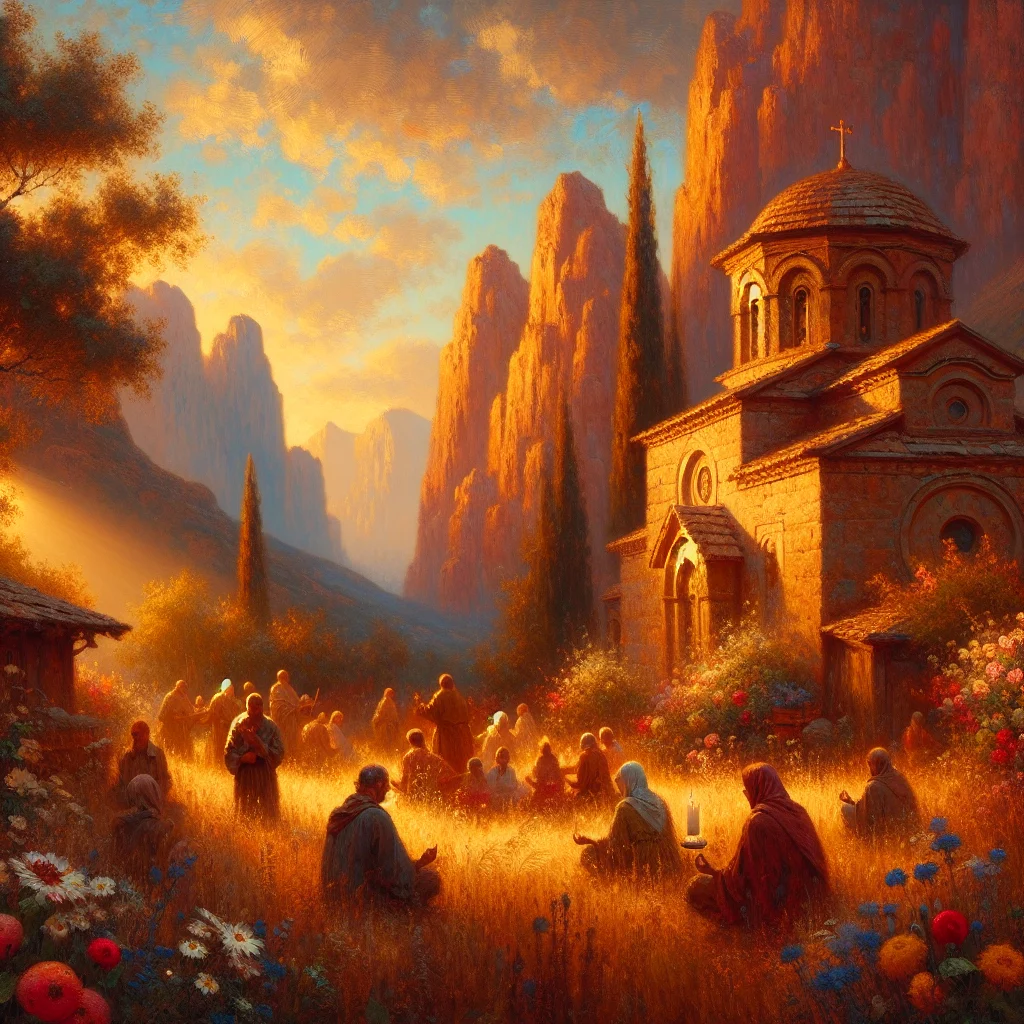 Mountain village for spiritual growth with serene scenery and temple-like buildings