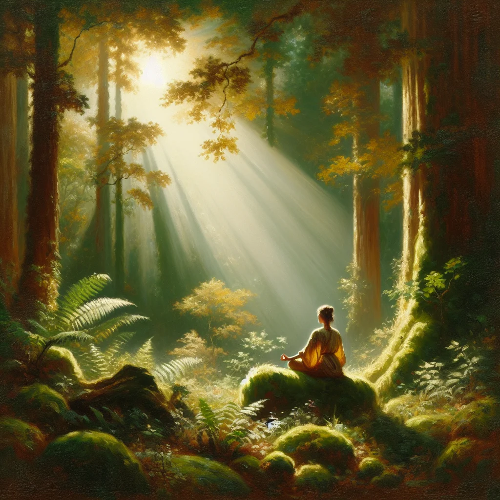 A person meditating alone in the forest, deeply immersed in nature, symbolizing inner connection and spiritual needs fulfillment