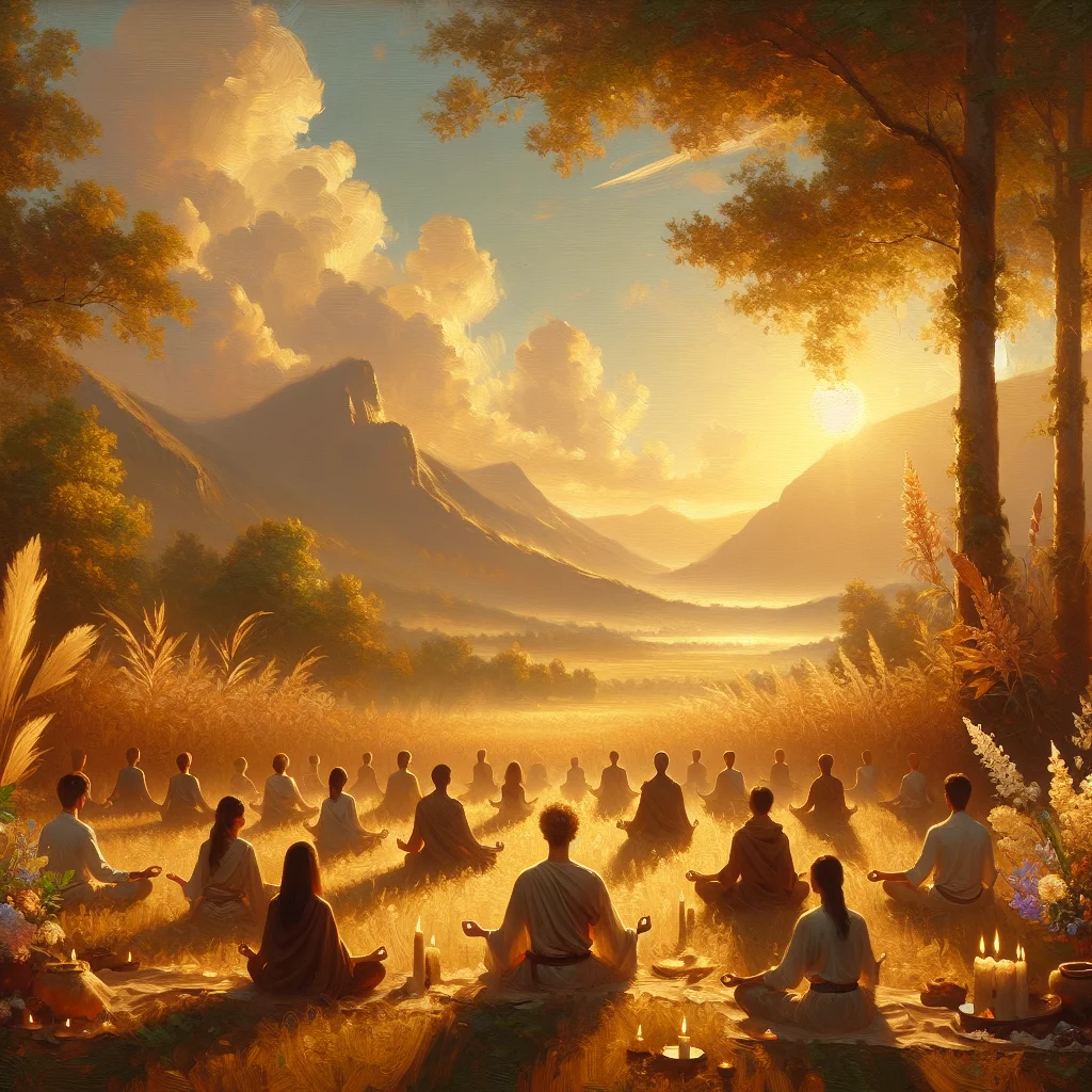 Group meditating on a hill during a spiritual retreat