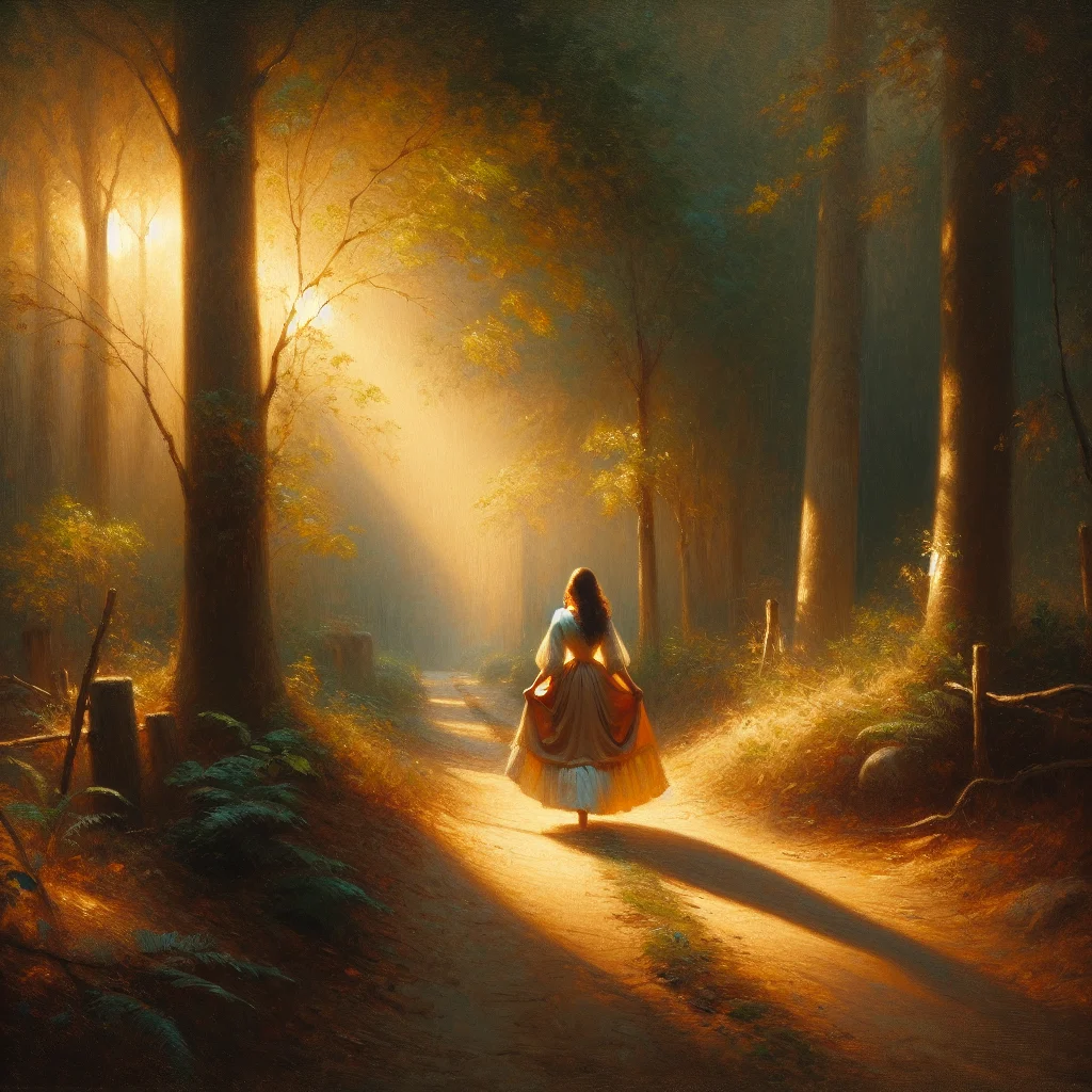 Person spiritually awakening while walking through a nature path surrounded by trees and light