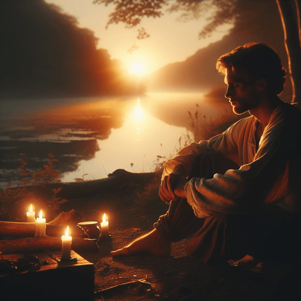 Calm person sitting near lake at sunrise, representing a spiritually awakened lifestyle