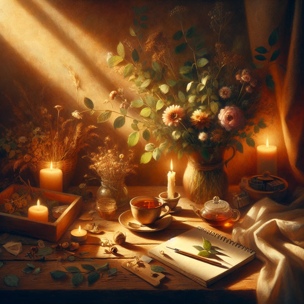 Daily self care and self love ritual with journal, candle, and tea