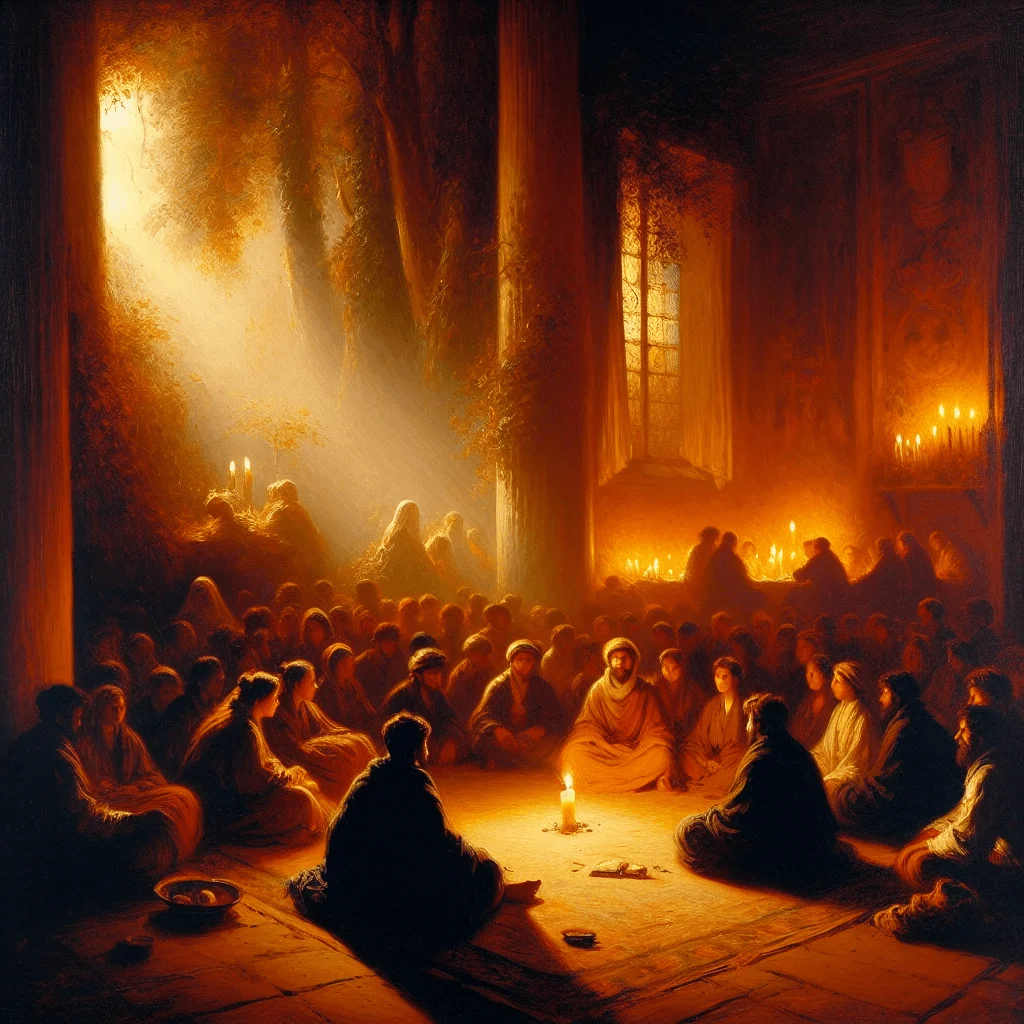 A group of people meditating together in a serene setting, sharing spiritual energy and inner growth in alignment with their spiritual needs