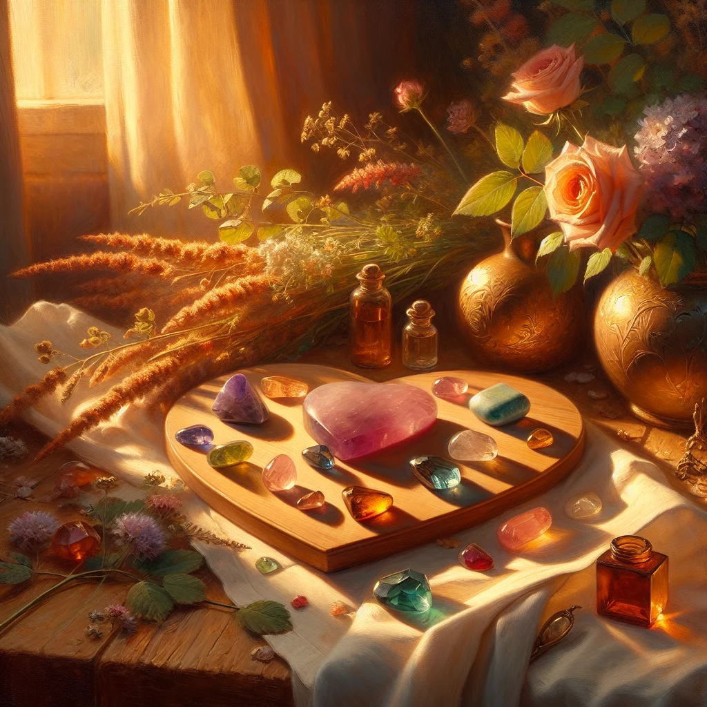 Crystals and gemstones on a heart-shaped tray used for chakra healing