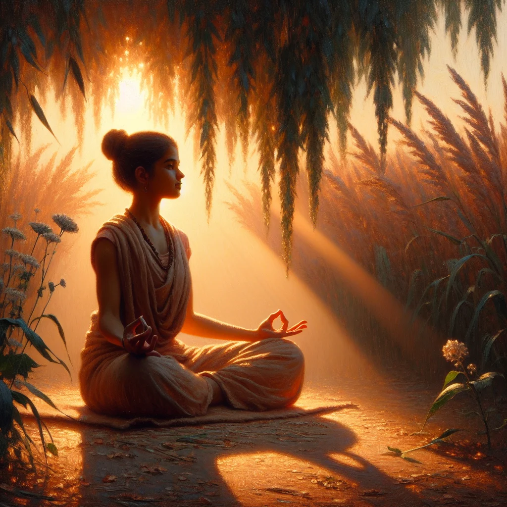 Woman practicing chakra meditation in nature, engaging in healing techniques