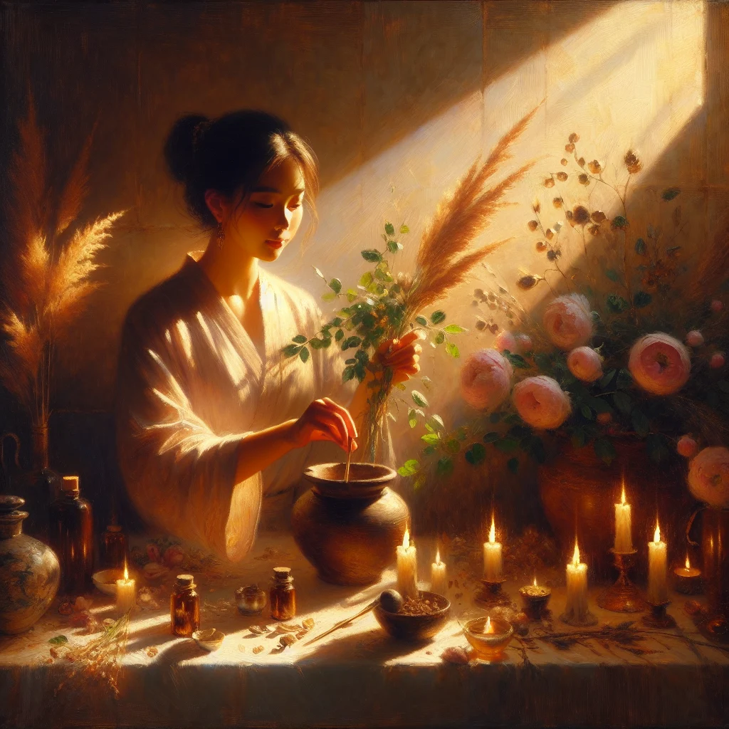 woman preparing a self love potion surrounded by candles and crystals
