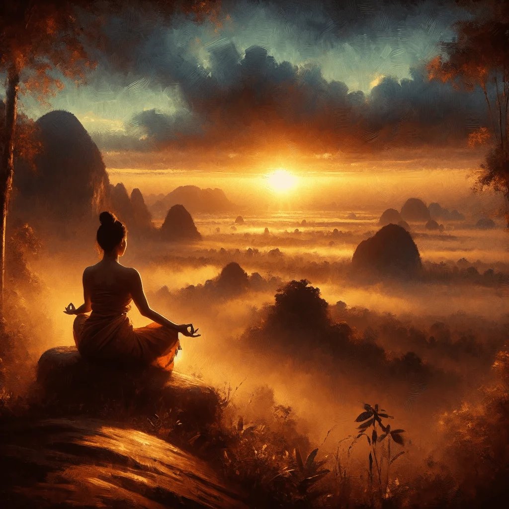 Woman meditating in solitude with peaceful sunrise background, emotionally grounded in spiritual awakening