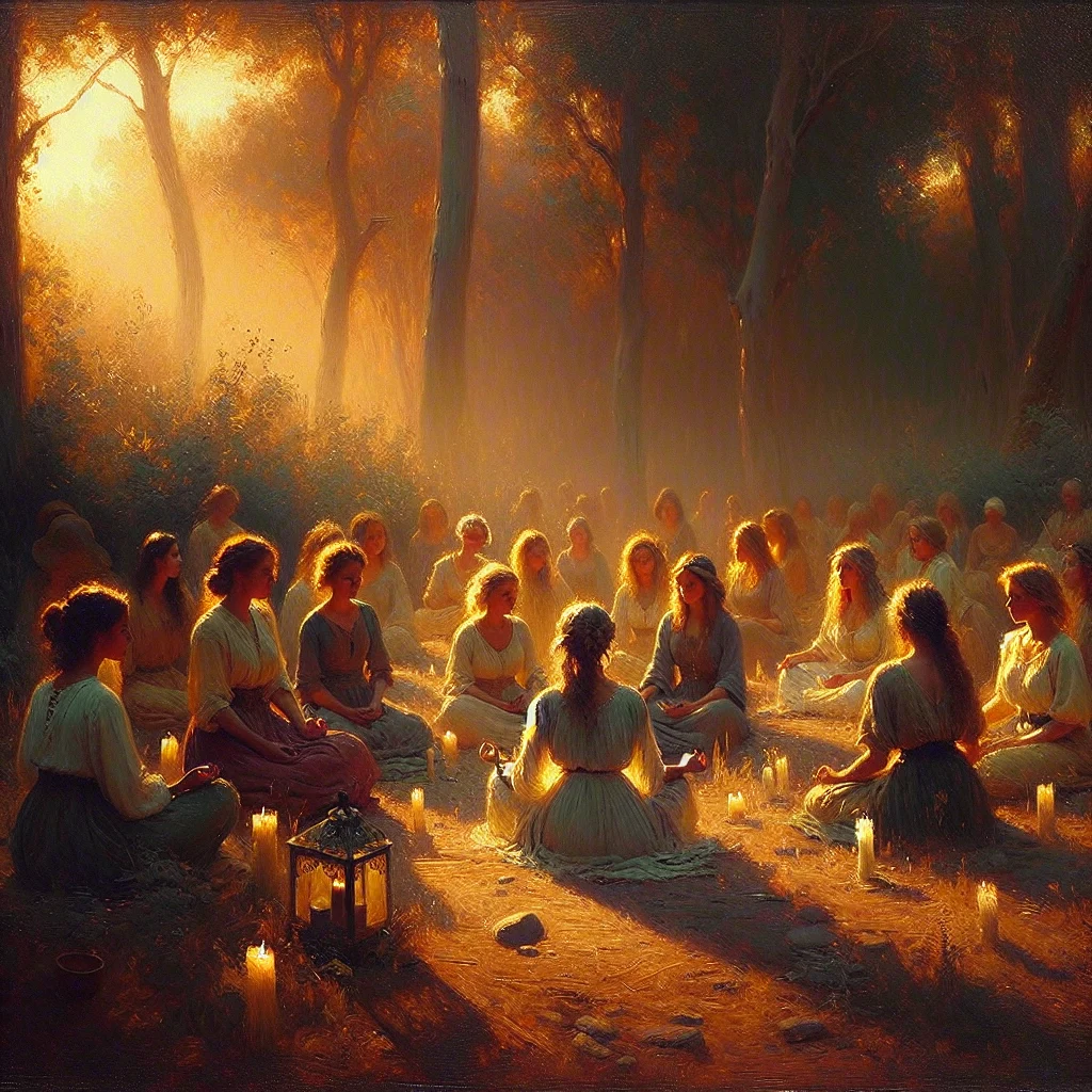 women's spiritual retreat in nature, meditating in sunlight