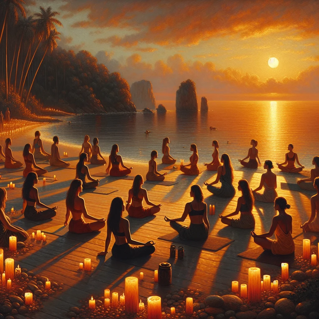 women on spiritual retreat at sunset beach doing yoga