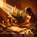 Young woman writing manifestations in a journal with sunrise light, thinking about how long does manifestation take