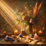 A collection of calming crystals for inner peace including amethyst, rose quartz, and lepidolite arranged on a wooden surface in natural light