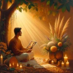 A woman sitting cross-legged in a sunlit room with a journal and candle, reflecting on how to manifest her ex; peaceful and introspective atmosphere.
