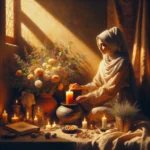 Candle manifestation ritual with herbs and crystals