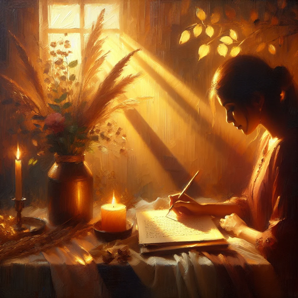 Woman journaling evening affirmations for abundance and prosperity by candlelight